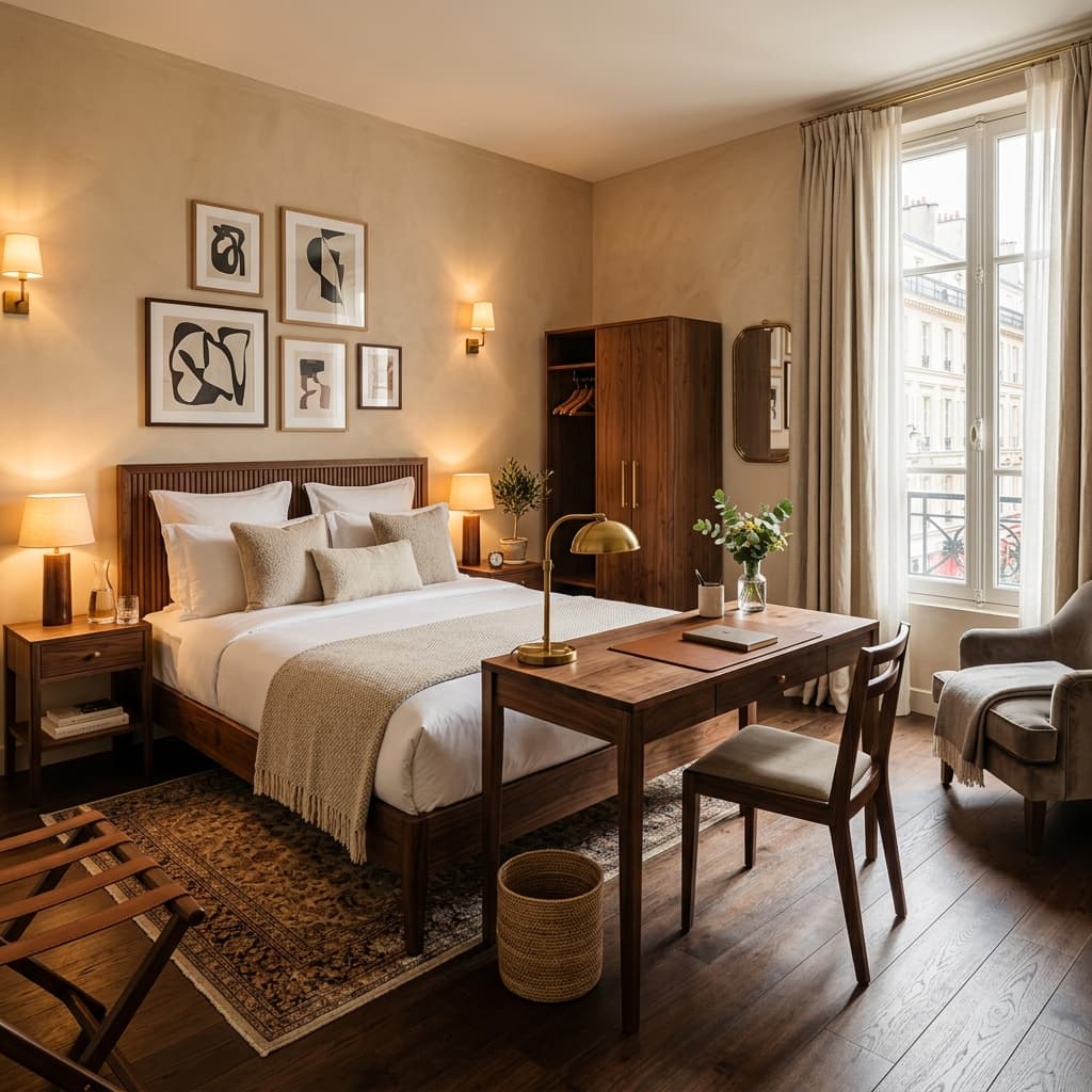 Warm custom furniture in a thoughtfully designed hotel room