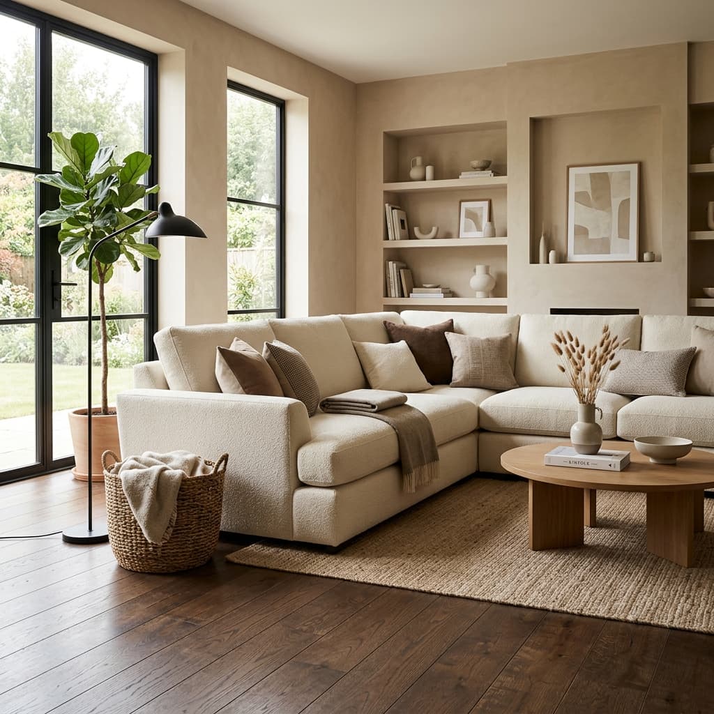A custom sofa crafted for a warm contemporary living room