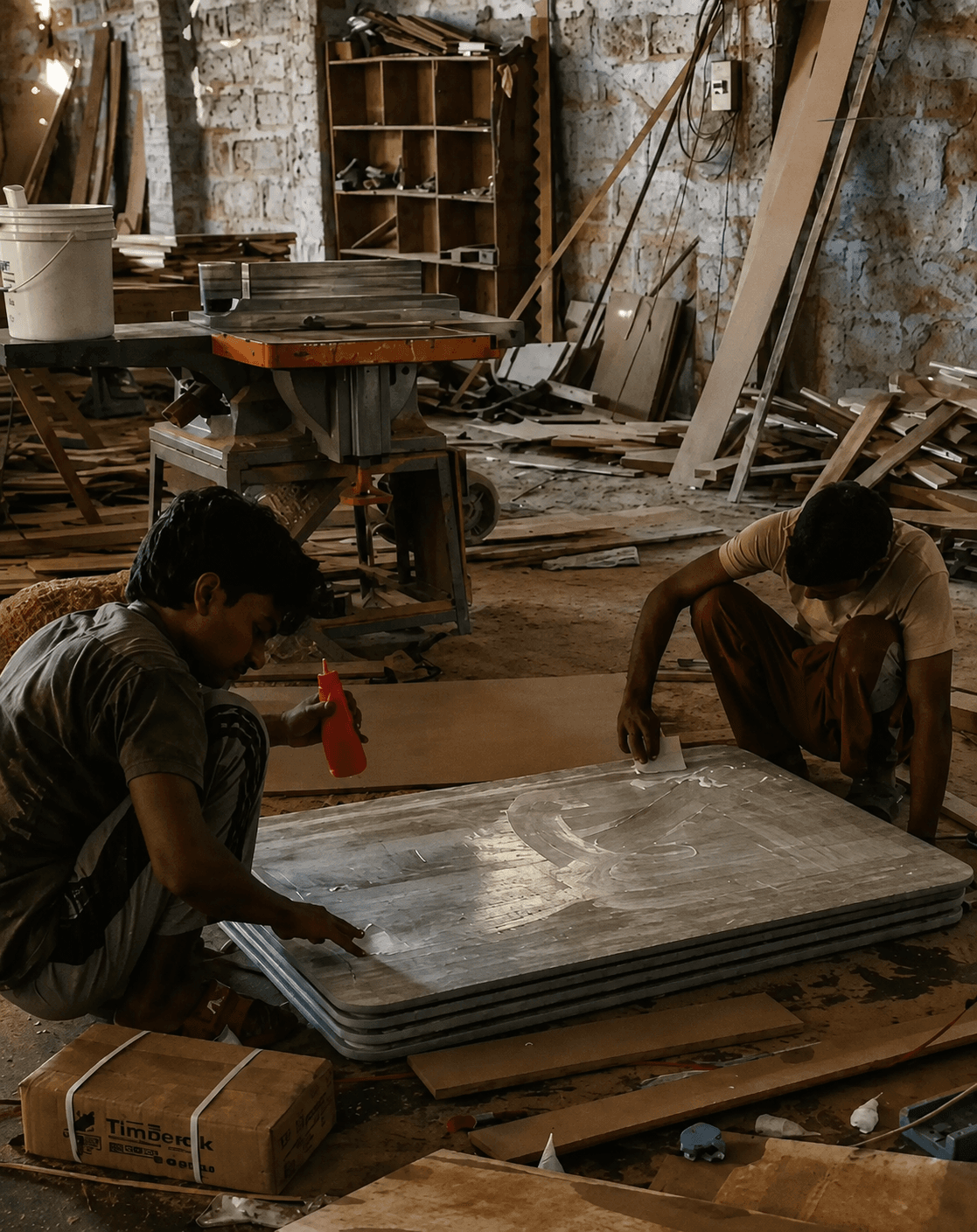 A furniture maker measuring timber in a working woodshop